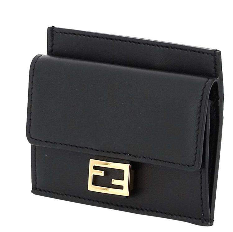 Pre Owned Fendi Black Leather Baguette FF Card Holder 