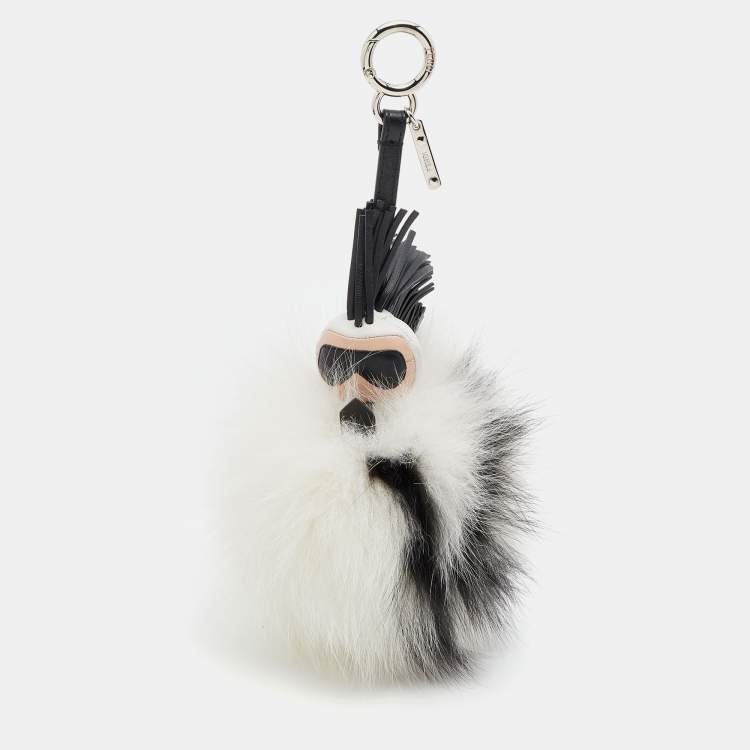 Pre Owned Fendi White/Black Fur and Leather Karlito Silver Tone Bag Charm