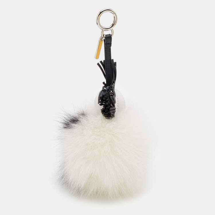 Pre Owned Fendi White/Black Fur and Leather Karlito Silver Tone Bag Charm