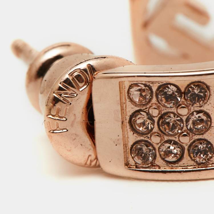 Pre Owned Fendi Rose Gold F is Fendi Crystal Embellished Hoop Earrings 