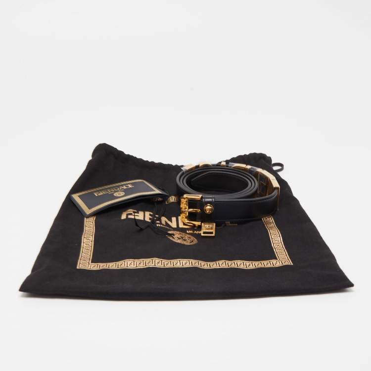 Pre Owned Fendi x Versace Black Leather Logo Letters Buckle Belt 90CM