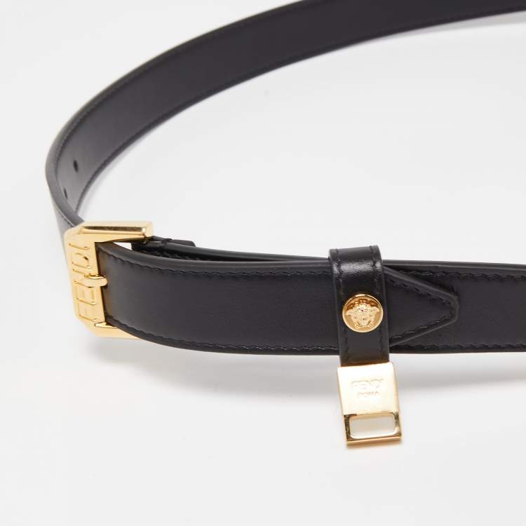 Pre Owned Fendi x Versace Black Leather Logo Letters Buckle Belt 90CM