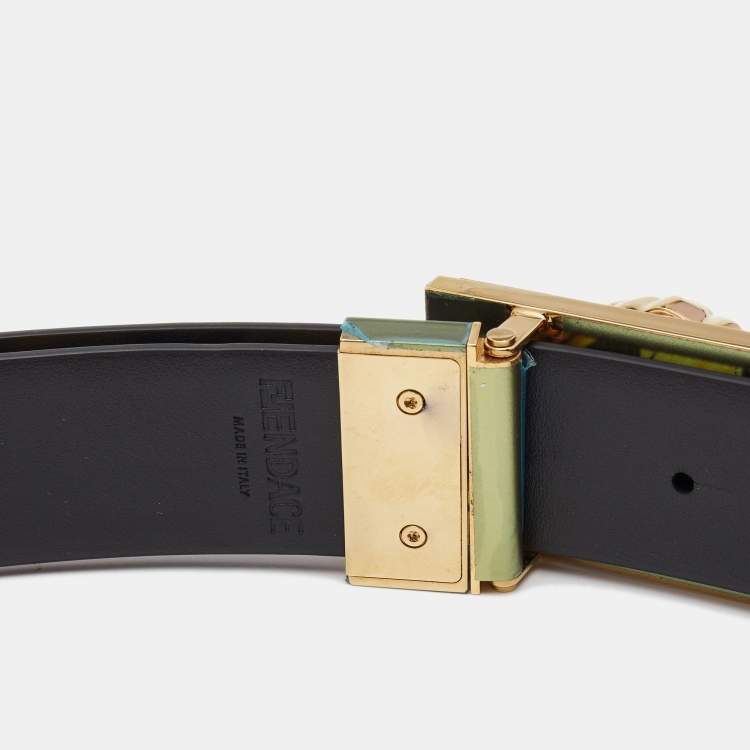 Pre Owned Fendi x Versace Black/Gold Baroque Print Leather Fendace Reversible Belt 