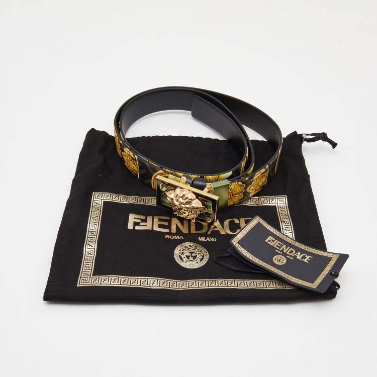 Pre Owned Fendi x Versace Black/Gold Baroque Print Leather Fendace Reversible Belt 