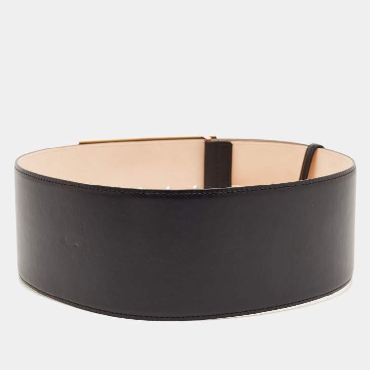 Pre Owned Fendi Black Leather Fendace Crystals Embellished Wide Belt 85CM