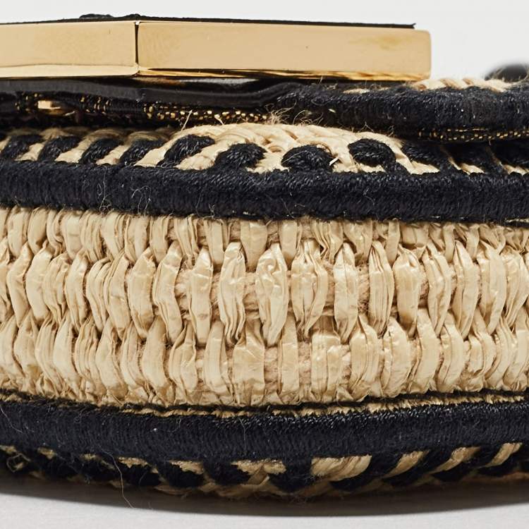 Pre Owned Fendi Beige/Black Raffia and Leather Nano Baguette Charm