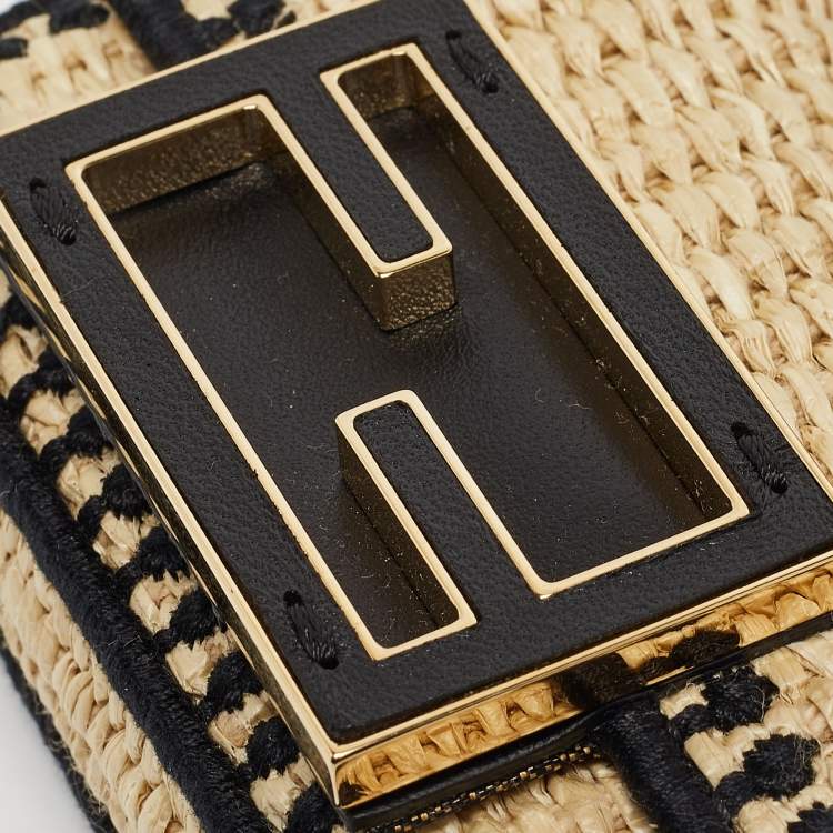 Pre Owned Fendi Beige/Black Raffia and Leather Nano Baguette Charm