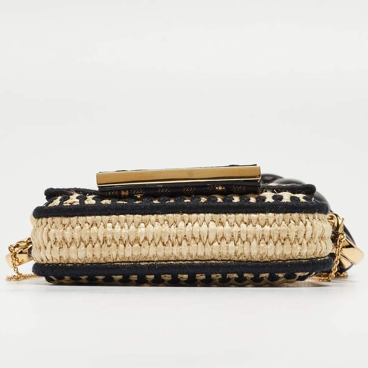 Pre Owned Fendi Beige/Black Raffia and Leather Nano Baguette Charm