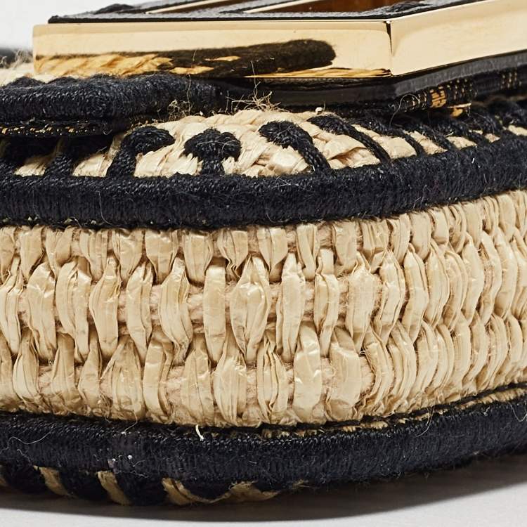Pre Owned Fendi Beige/Black Raffia and Leather Nano Baguette Charm