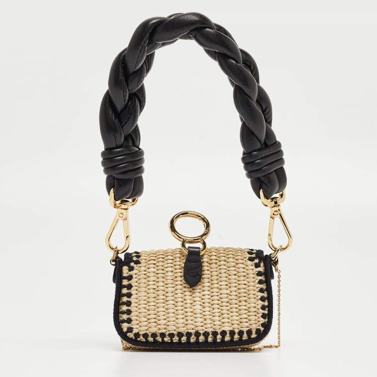 Pre Owned Fendi Beige/Black Raffia and Leather Nano Baguette Charm