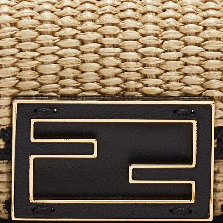 Pre Owned Fendi Beige/Black Raffia and Leather Nano Baguette Charm