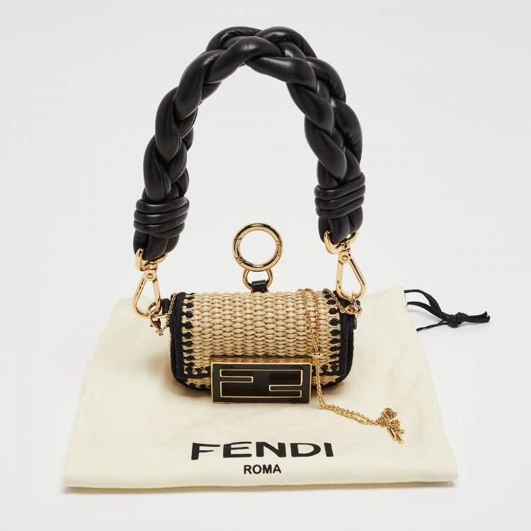 Pre Owned Fendi Beige/Black Raffia and Leather Nano Baguette Charm