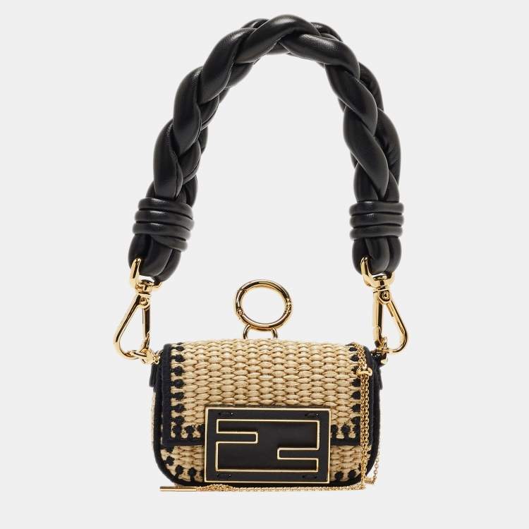 Pre Owned Fendi Beige/Black Raffia and Leather Nano Baguette Charm