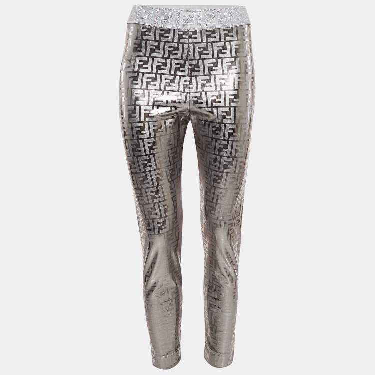 Pre Owned Fendi Silver Monogram Print Knit Trousers M
