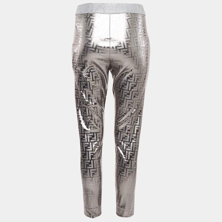 Pre Owned Fendi Silver Monogram Print Knit Trousers M