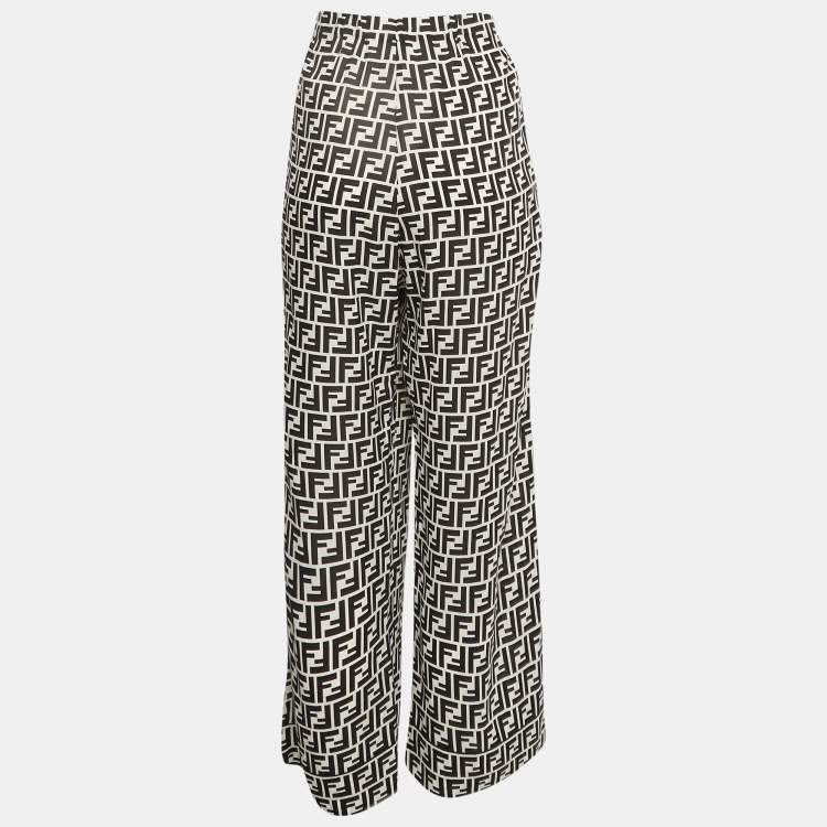 Pre Owned Fendi Black & White Monogram Print Silk Crepe De Chine Wide Leg Pants L