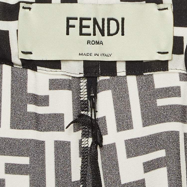 Pre Owned Fendi Black & White Monogram Print Silk Crepe De Chine Wide Leg Pants L