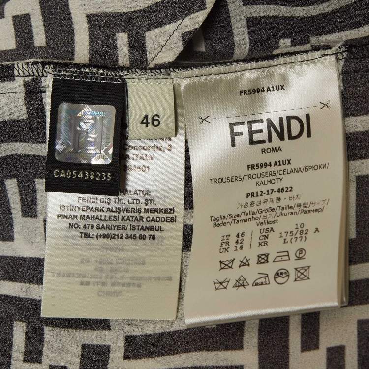 Pre Owned Fendi Black & White Monogram Print Silk Crepe De Chine Wide Leg Pants L