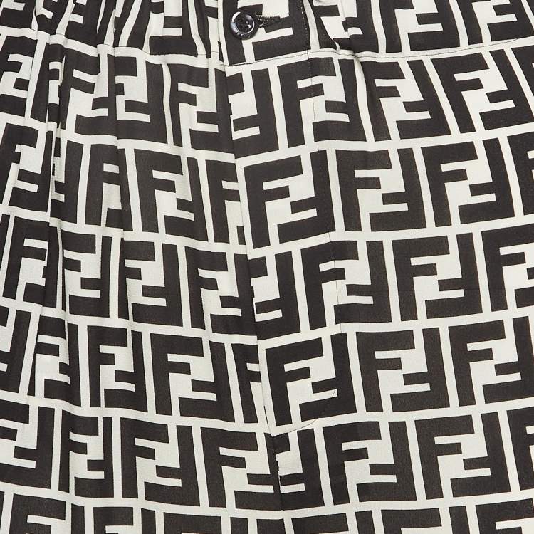 Pre Owned Fendi Black & White Monogram Print Silk Crepe De Chine Wide Leg Pants L