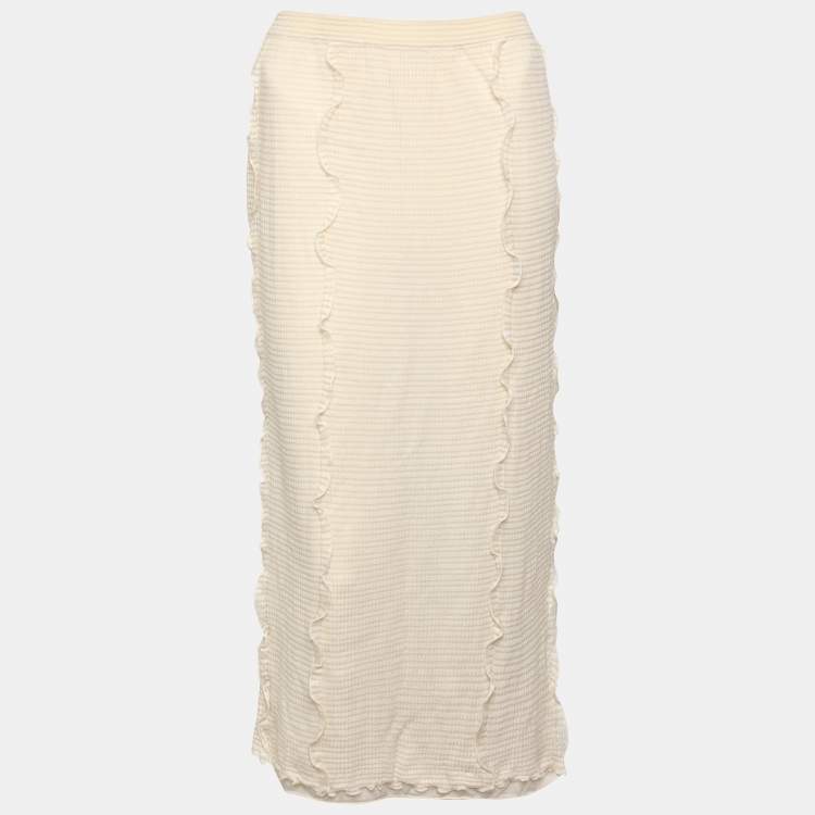 Pre Owned Fendi Cream Knit Ruffled Detail Midi Skirt L
