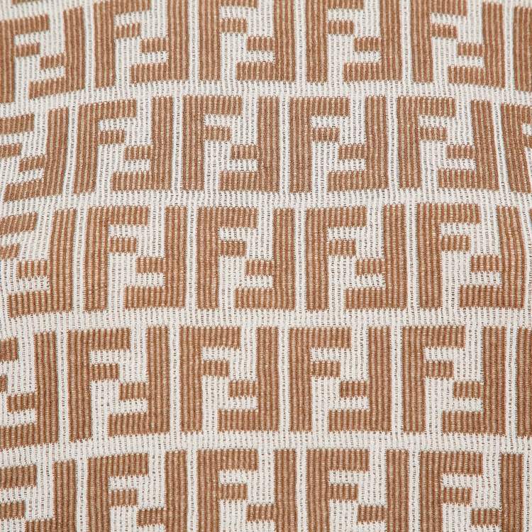 Pre Owned Fendi Brown and White Zucca Logo Print Rib Knit T-Shirt M