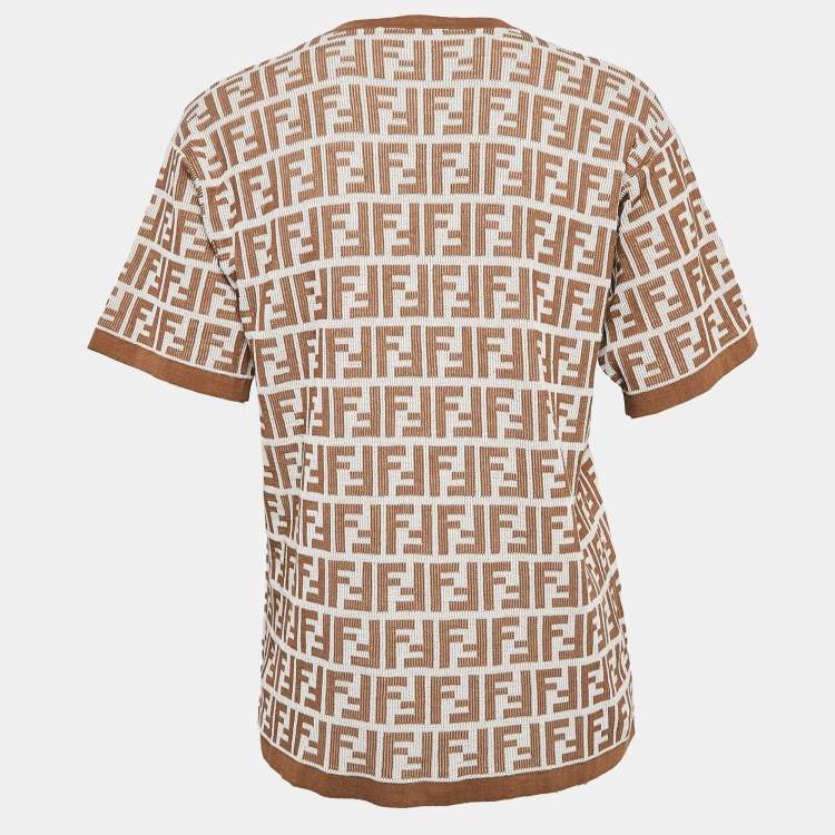 Pre Owned Fendi Brown and White Zucca Logo Print Rib Knit T-Shirt M