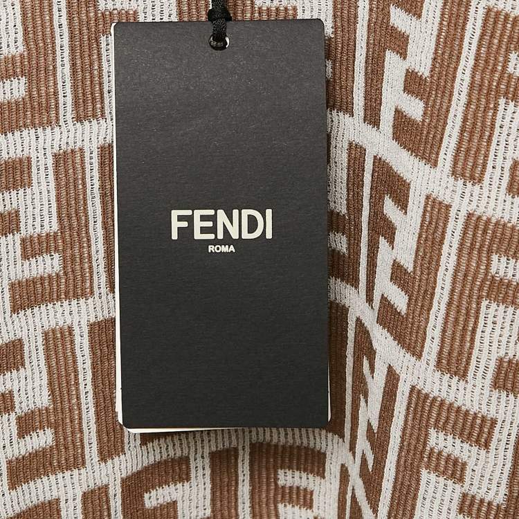 Pre Owned Fendi Brown and White Zucca Logo Print Rib Knit T-Shirt M