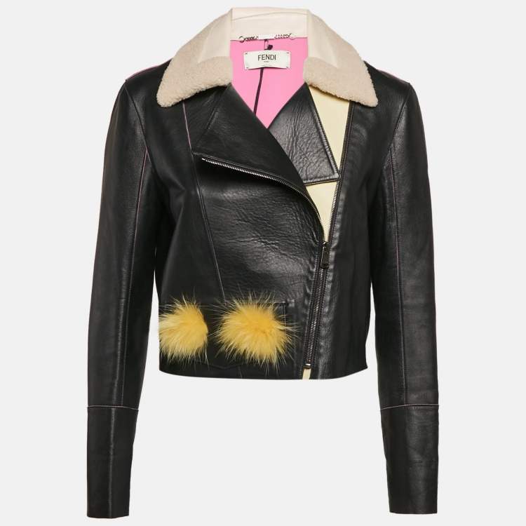 Pre Owned Fendi Black Nappa Bugs Eyes Embroidered Fox Fur and Leather Jacket M
