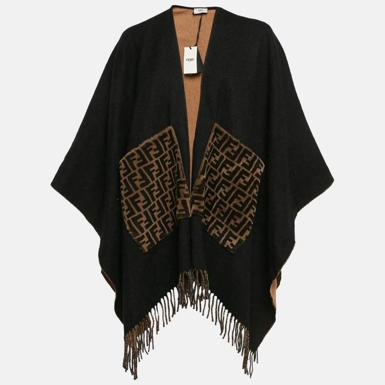 Pre Owned Fendi Brown Cashmere and Virgin Wool Fringed Poncho ONE SIZE