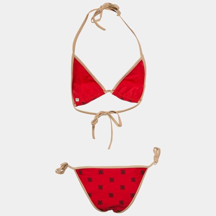 Pre Owned Fendi Red FF Embroidered Jersey Bikini Set S 