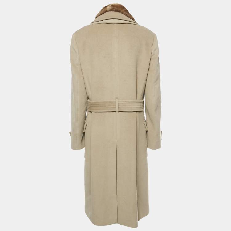 Pre Owned Fendi Beige Real Fur Trim Wool Double Breasted Coat XL