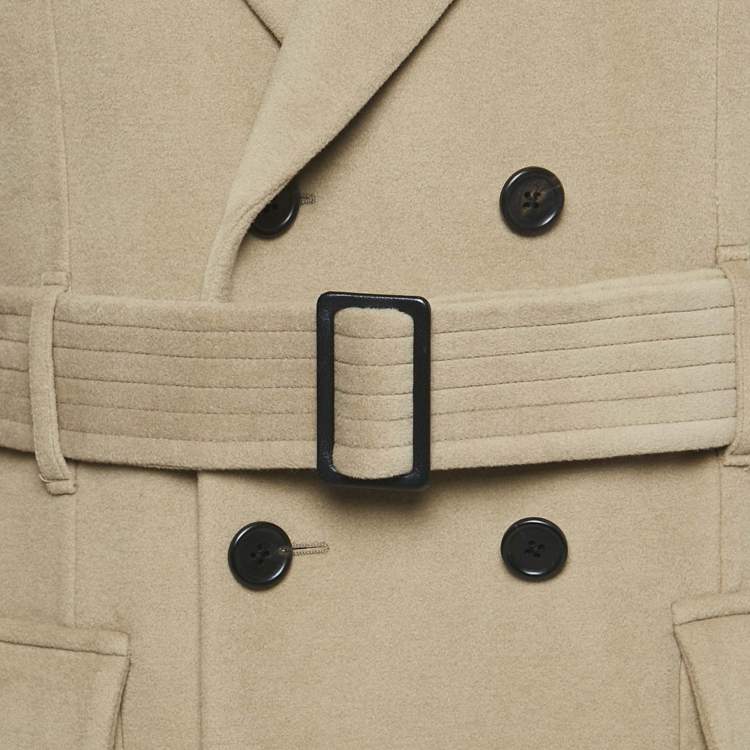 Pre Owned Fendi Beige Real Fur Trim Wool Double Breasted Coat XL