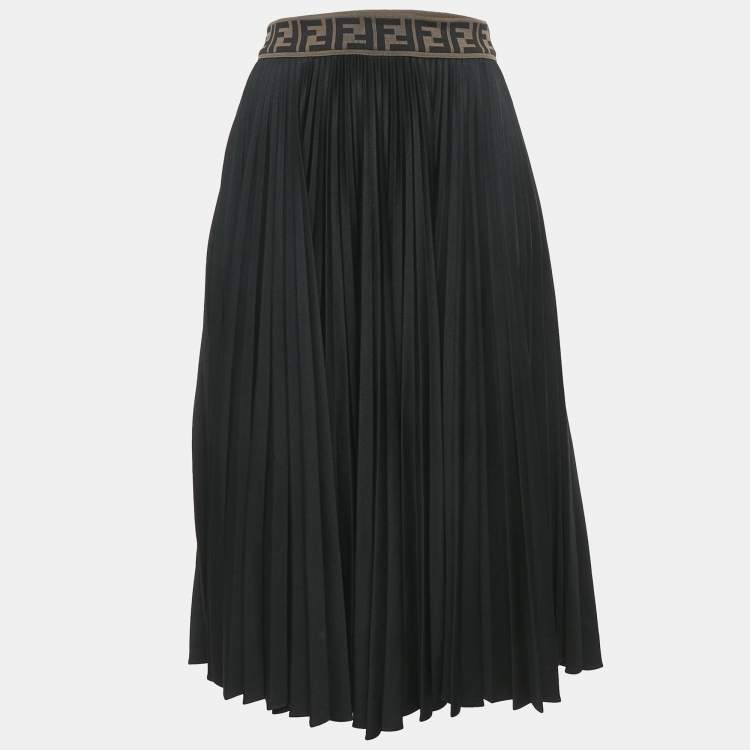 Pre Owned Fendi Black Zucca Waistband Jersey Plisse Midi Skirt S