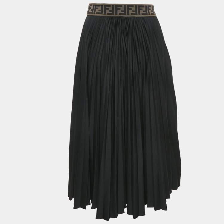 Pre Owned Fendi Black Zucca Waistband Jersey Plisse Midi Skirt S
