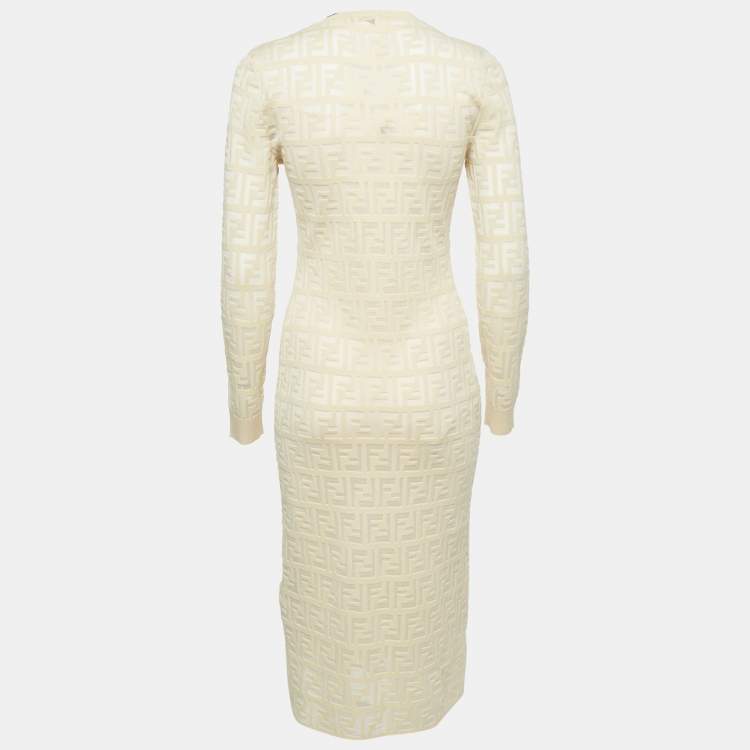 Pre Owned Fendi Guava Cream FF Zucca Jacquard Knit Long Sleeve Short Dress S