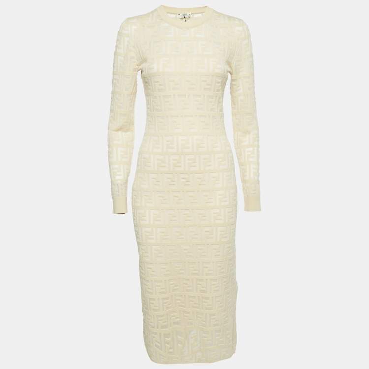 Pre Owned Fendi Guava Cream FF Zucca Jacquard Knit Long Sleeve Short Dress S