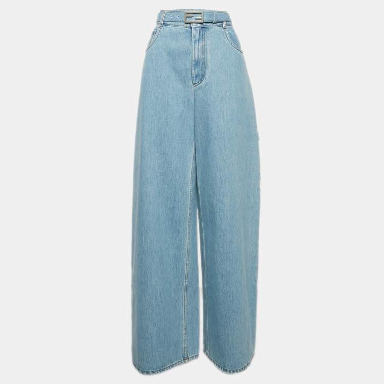 Pre Owned Fendi Blue Baguette Denim Wide-Leg Belted Jeans M Waist 29"
