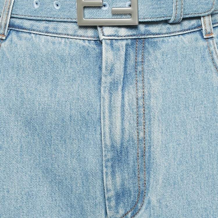 Pre Owned Fendi Blue Baguette Denim Wide-Leg Belted Jeans M Waist 29"
