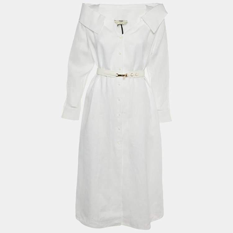 Pre Owned Fendi White Linen Belted Shirt Dress XS