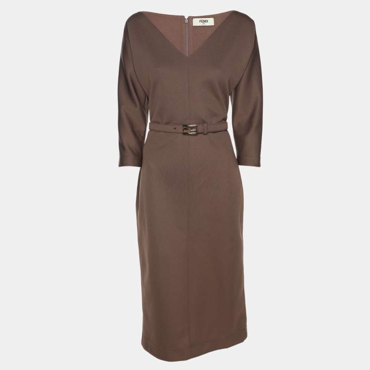 Pre Owned Fendi Taupe Jersey Long Sleeve Midi Dress M