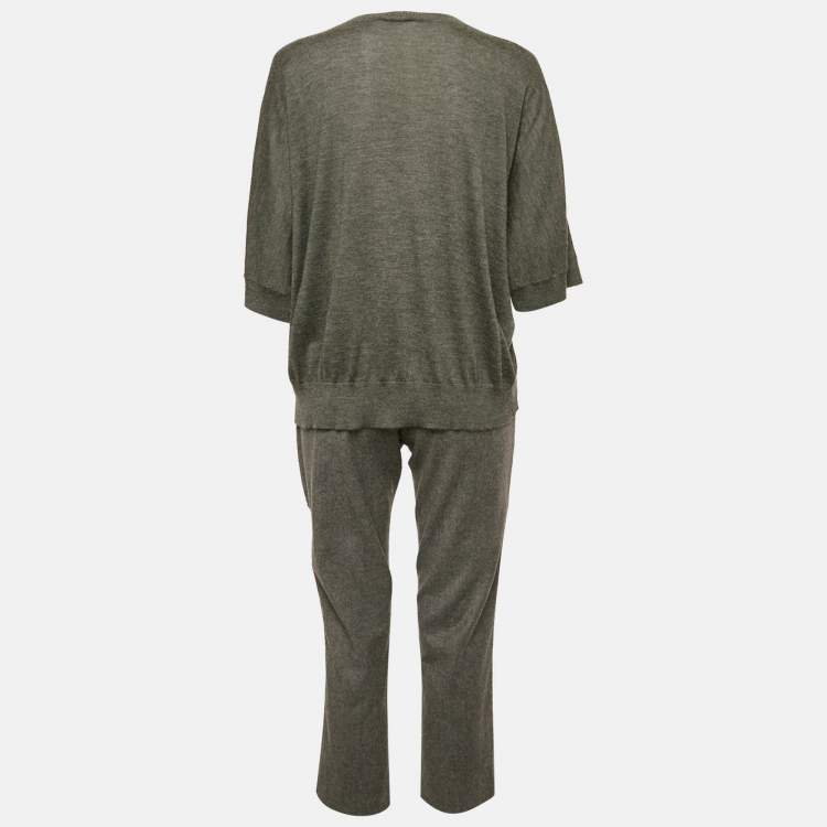 Pre Owned Fendi Grey Fur Trim Cashmere and Wool Knit Top and Pants Set S 