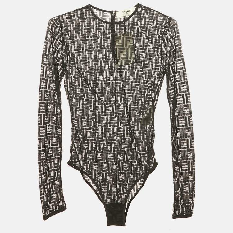 Pre Owned Fendi Black Monogram Jersey Mesh Bodysuit M