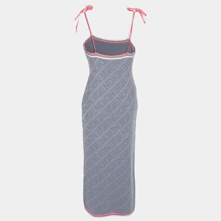 Pre Owned Fendi Blue Logo Print Knit Sleeveless Midi Dress M