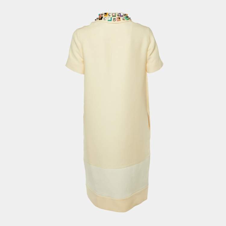 Pre Owned Fendi Cream Wool & Leather Embellished Cocktail Dress M
