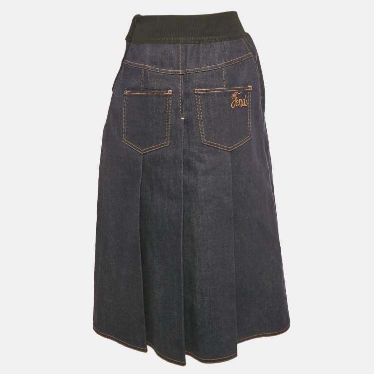 Pre Owned Fendi Navy Blue Denim Pleated Midi Skirt S