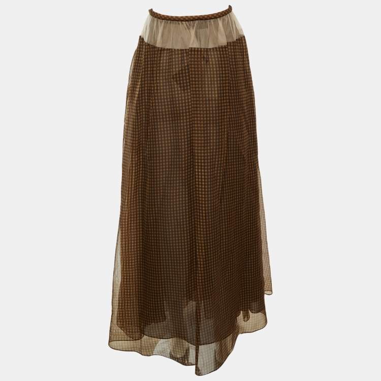 Pre Owned Fendi Brown Check Print Silk Mesh Trim Sheer Maxi Skirt M