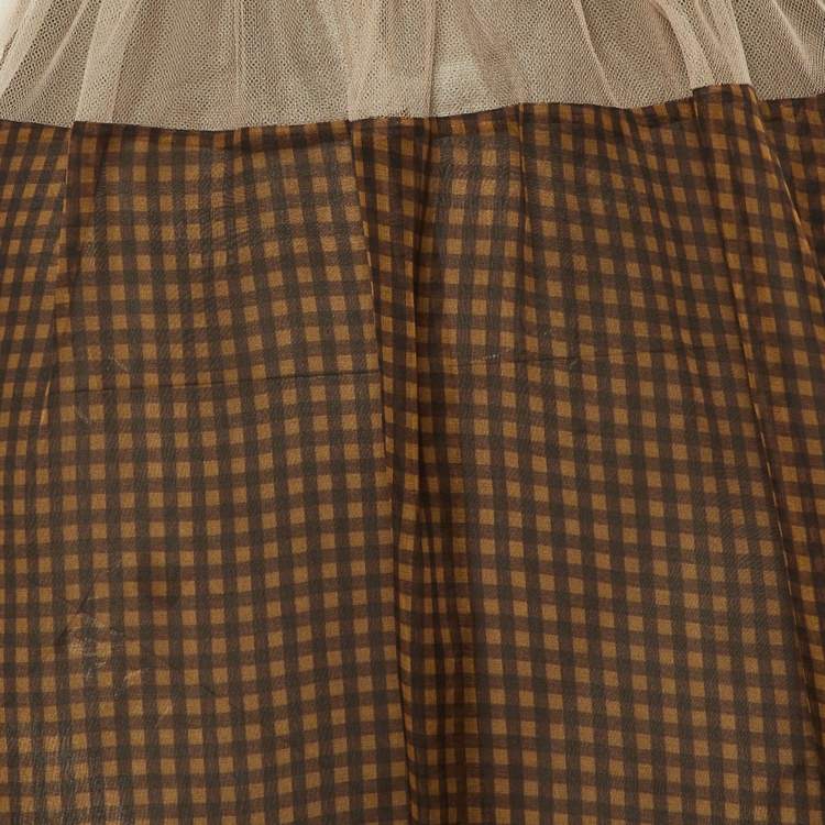 Pre Owned Fendi Brown Check Print Silk Mesh Trim Sheer Maxi Skirt M