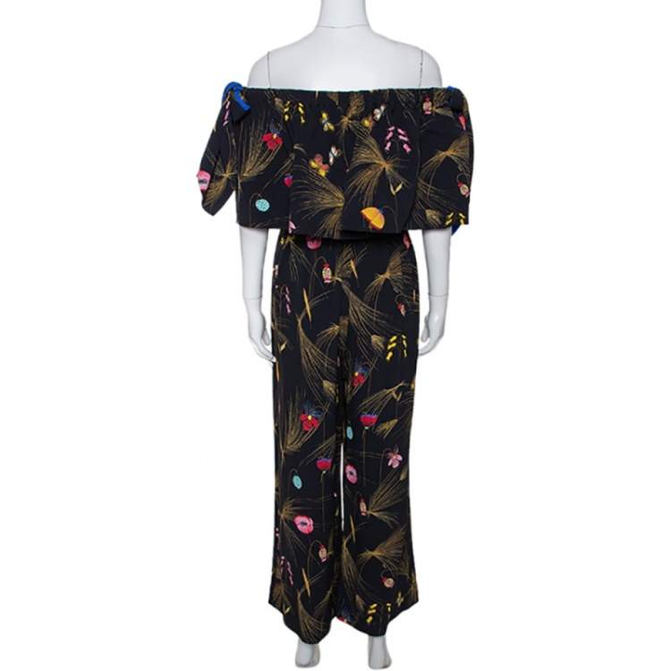Pre Owned Fendi Black Crepe Printed Off Shoulder Jumpsuit S