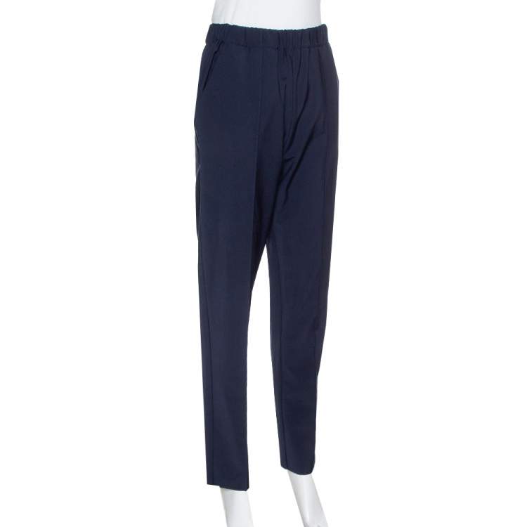 navy blue tapered trousers