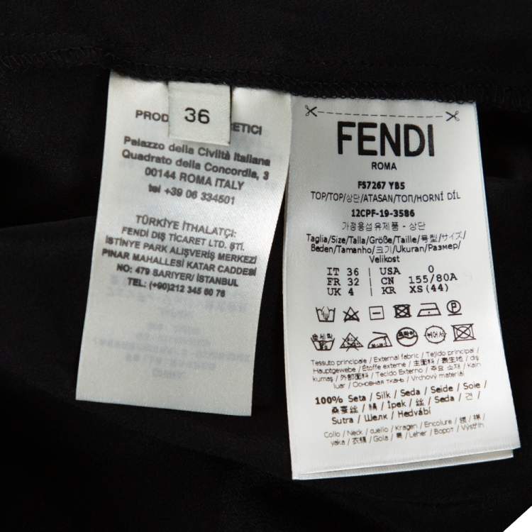 Pre Owned Fendi Black Silk Ribbed Logo Neck Trim Detail Top XS